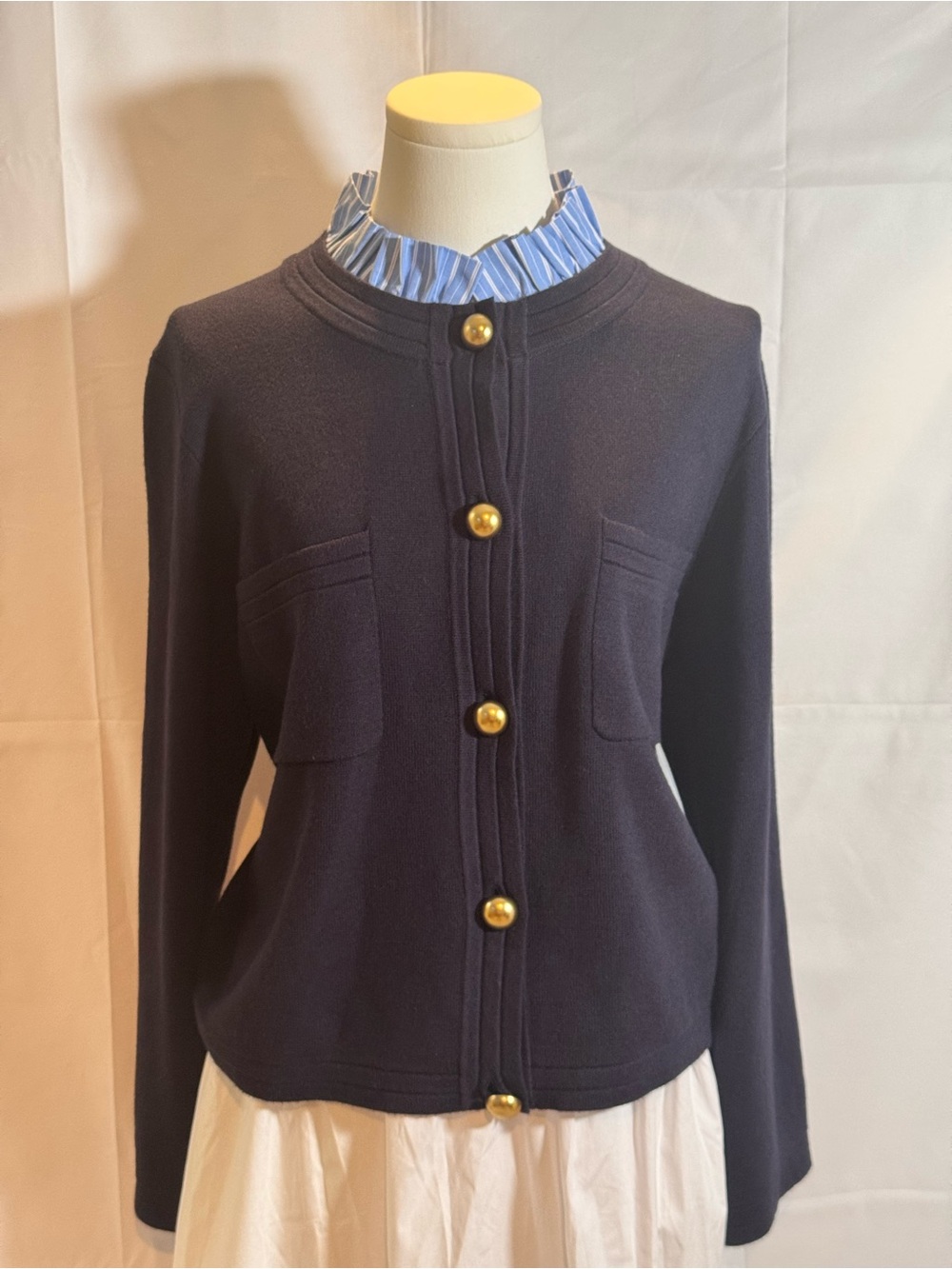 Never worn ~Classic Navy Button-Front Women's Cardigan at with blue white collar